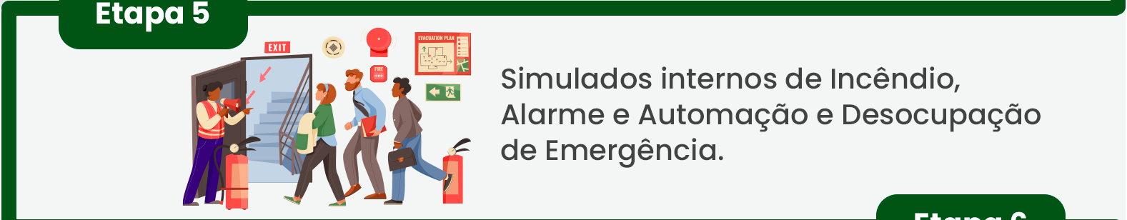 Passo 5: Simulados internos de Incêndio, Alarme e Automação e Desocupação de Emergência. Passo 5: Simulados internos de Incêndio, Alarme e Automação e Desocupação de Emergência.